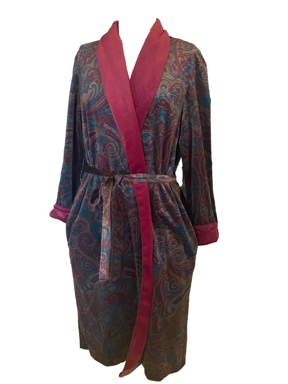 bill blass Paisley Vintage Velvet Robe with Magenta Trim